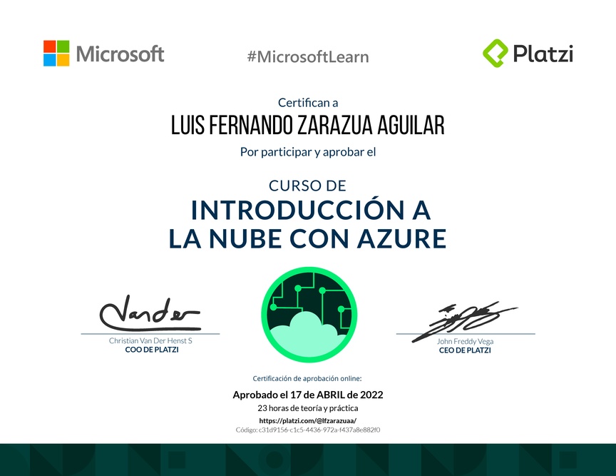 Diploma del Curso de Introducción a la Nube con Azure