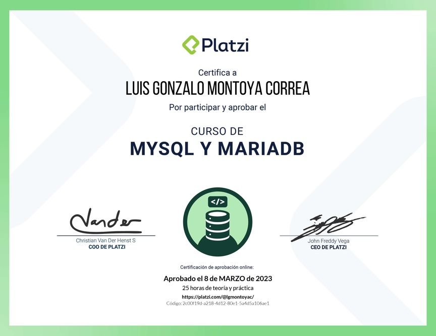Diploma del Curso de Bases de Datos con MySQL y MariaDB