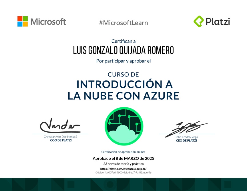 Diploma del Curso de Introducción a la Nube con Azure