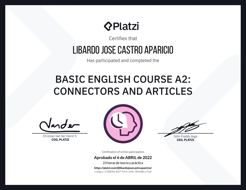 Diploma del Curso de Inglés Básico A2: Conectores y Artículos