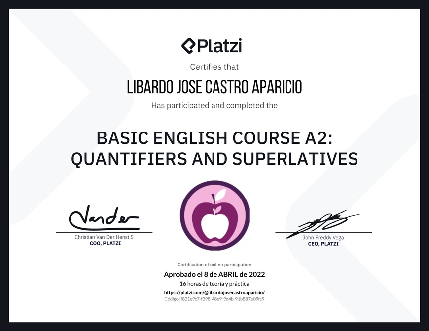 Diploma del Curso de Inglés Básico A2: Cuantificadores y Superlativos
