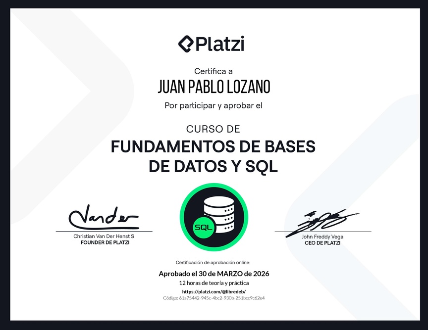 Diploma del Curso de Fundamentos de Bases de Datos y SQL