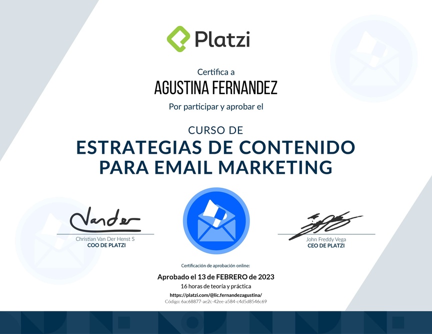 Diploma del Curso de Estrategias de Contenido para Email Marketing
