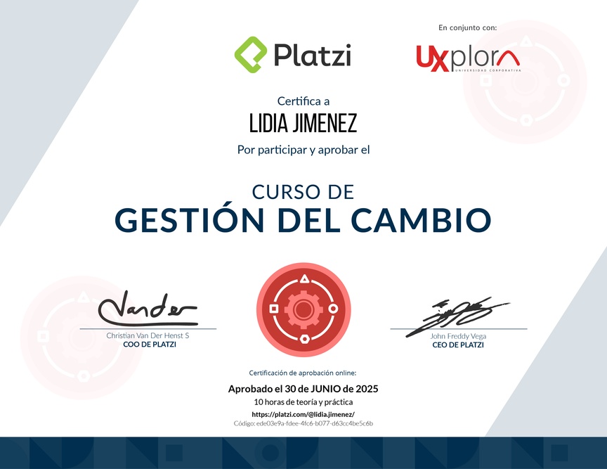 Diploma del Curso de Gestión del Cambio para Empresas