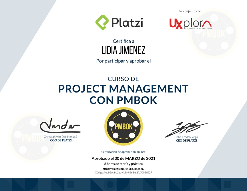 Diploma del Curso de Project Management con PMBOK