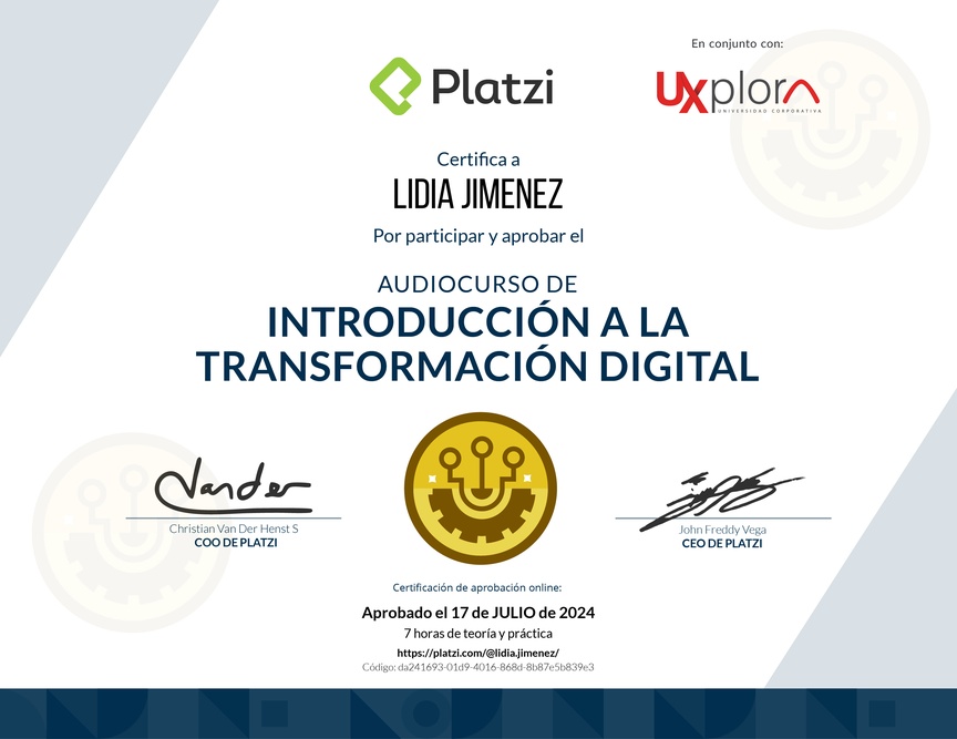 Diploma de Audiocurso de Transformacion Digital Inicial para Comprender, Identificar y Hacer Crecer tu Empresa