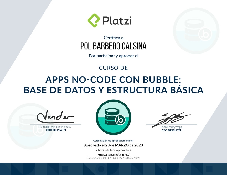 Diploma del Curso de Apps No-code con Bubble: Base de Datos y Estructura Básica