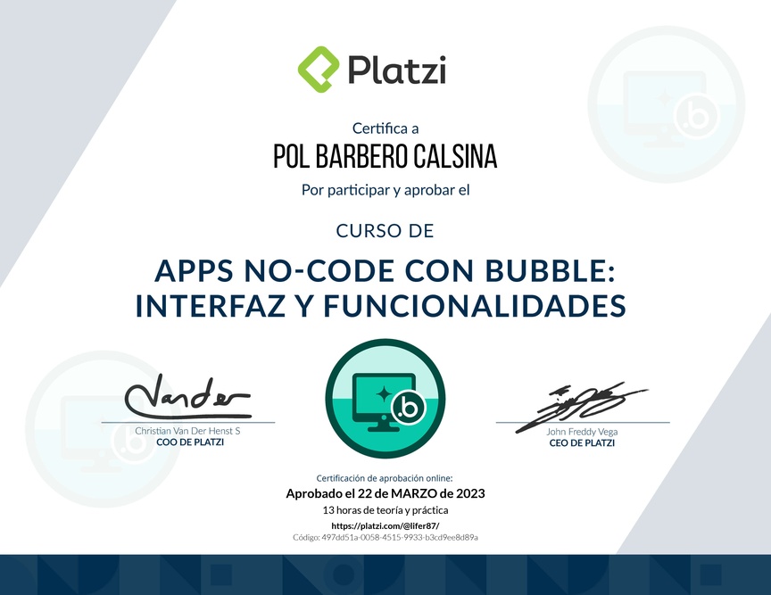 Diploma del Curso de Apps No-code con Bubble: Interfaz y Funcionalidades