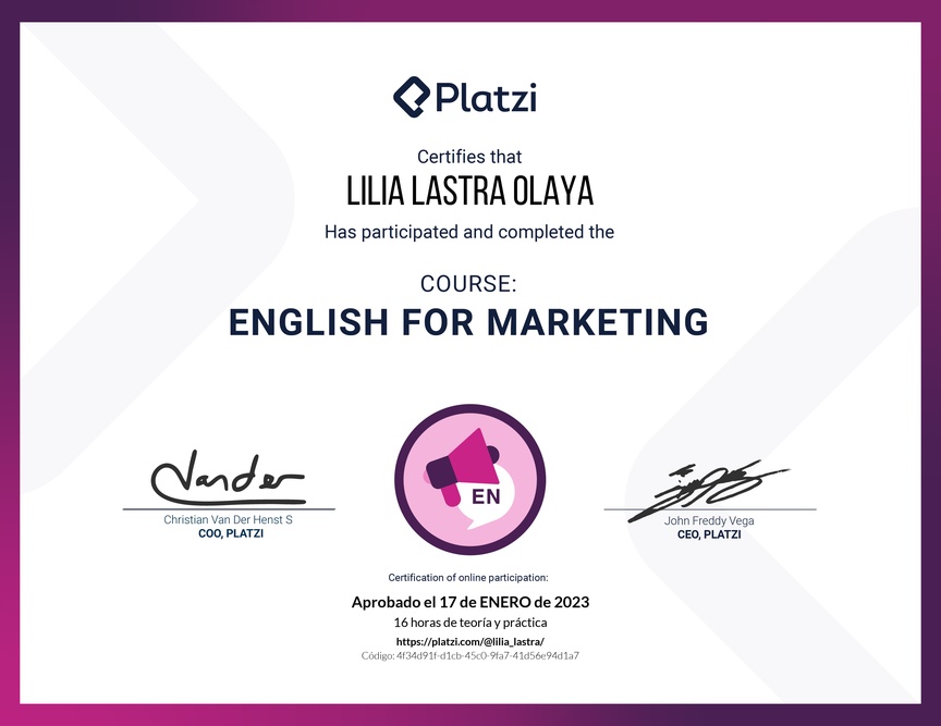 Diploma del Curso para Marketing en Inglés (2020)