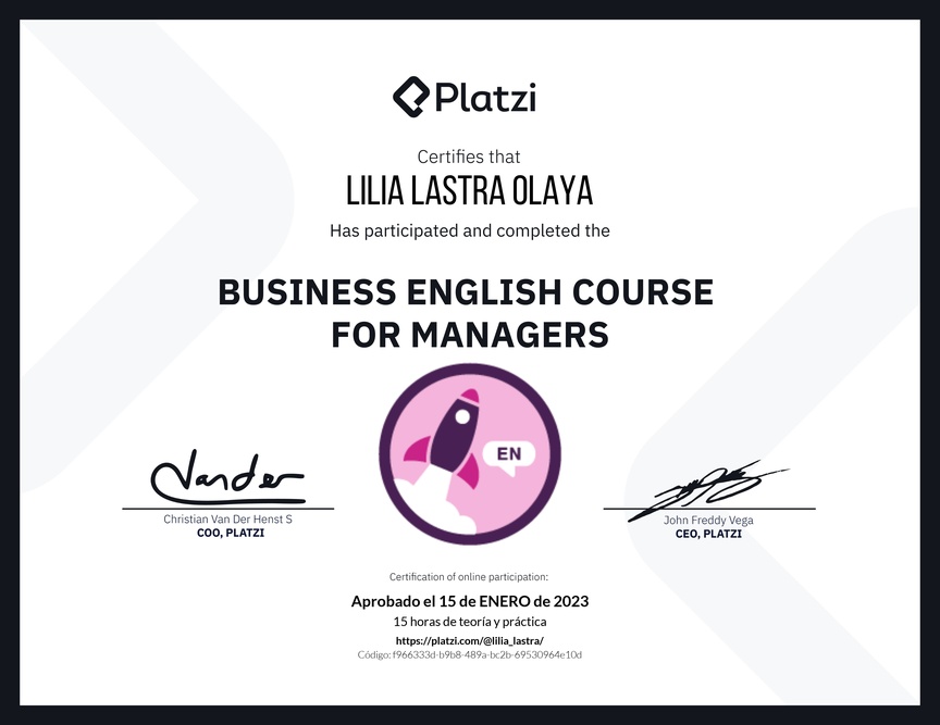 Diploma del Curso de Inglés de Negocios para Managers