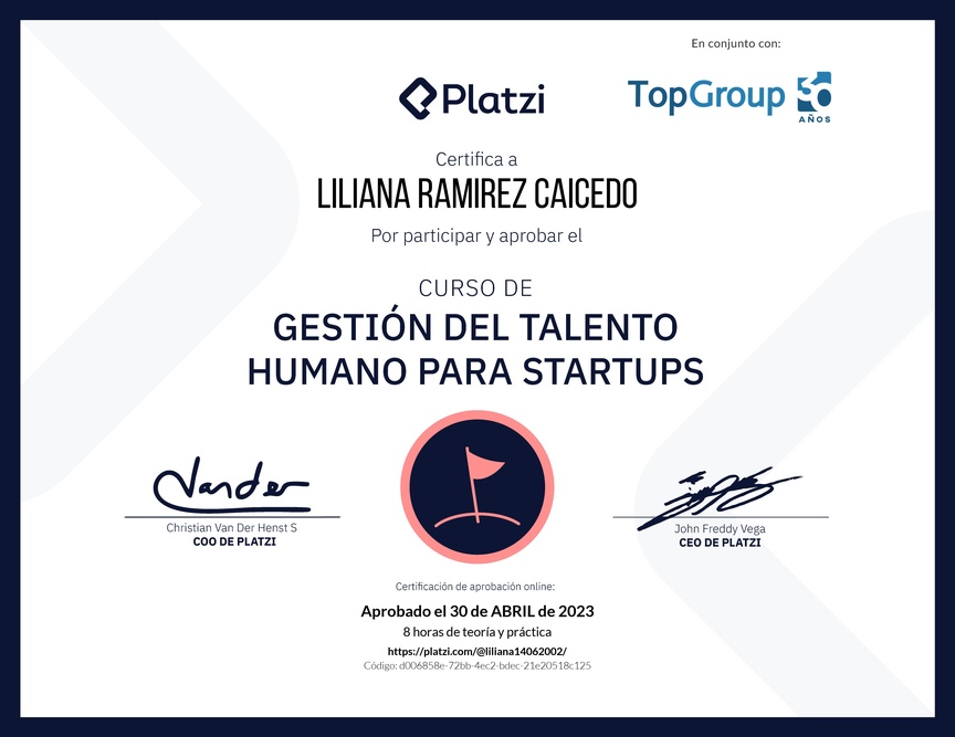 Diploma del Curso de Gestión del Talento Humano para Startups