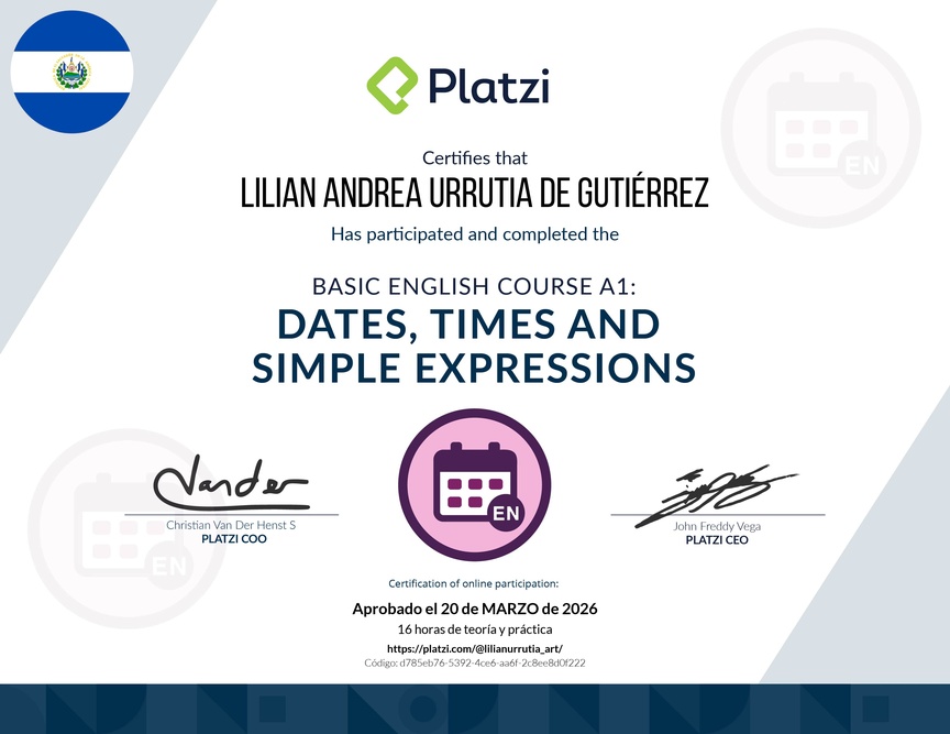 Diploma del Curso de Inglés Básico A1: Fechas, Horas y Expresiones Simples