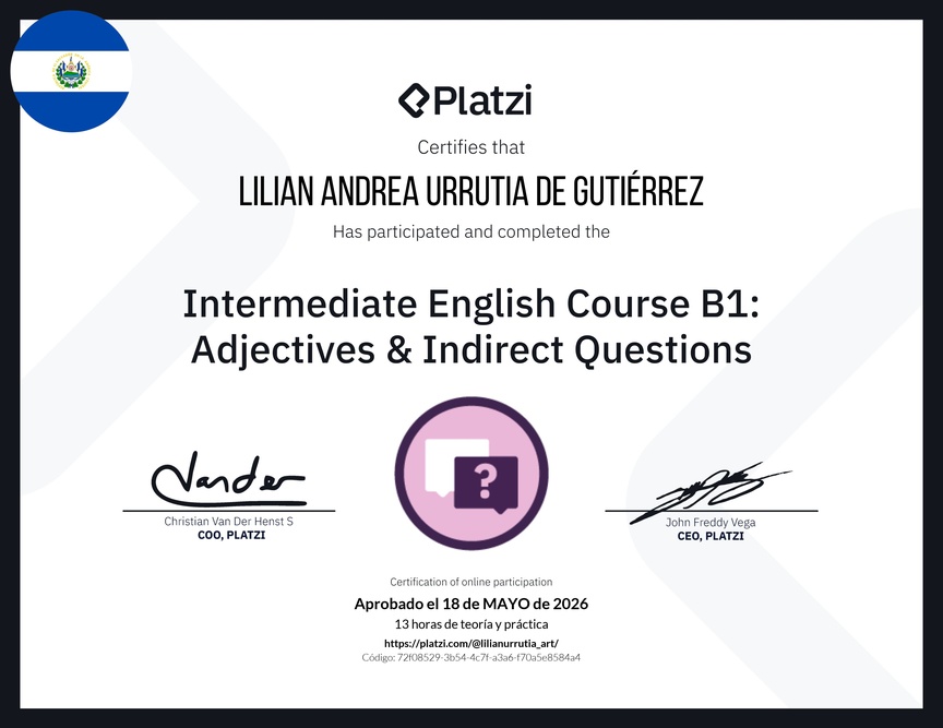 Diploma del Curso de Inglés Intermedio B1: Adjetivos y Preguntas Indirectas
