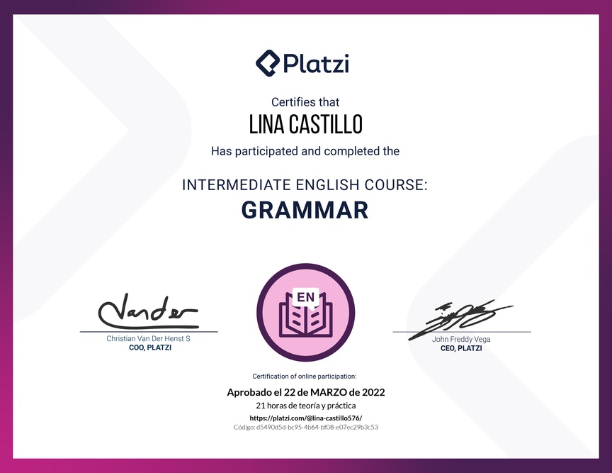Diploma del Curso Intermedio de Gramática en Inglés (2020)