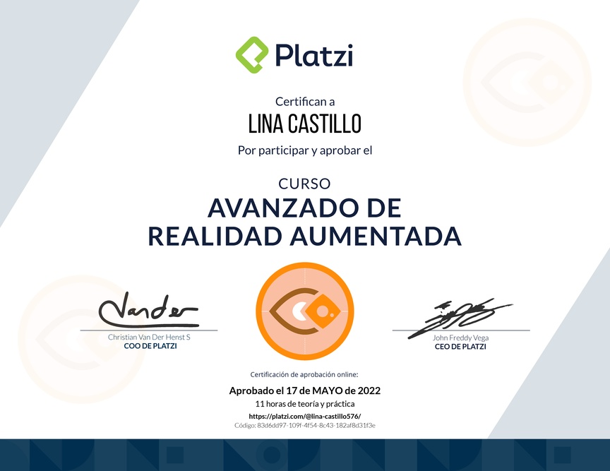 Diploma del Curso Avanzado de Realidad Aumentada