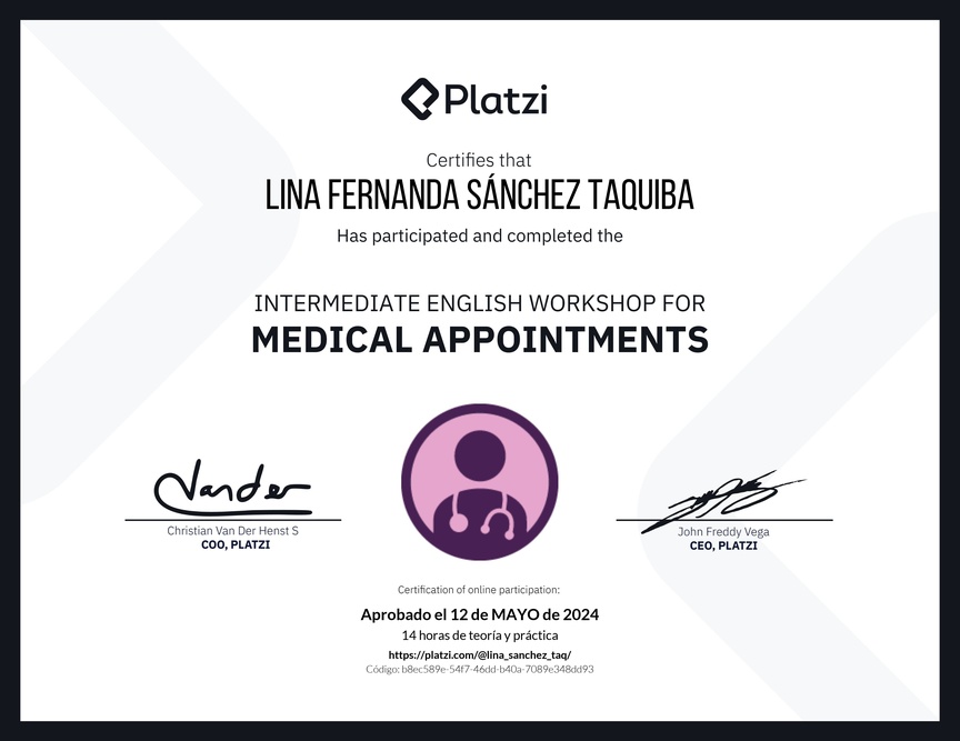 Diploma del Curso de Inglés Práctico para Consultas Médicas