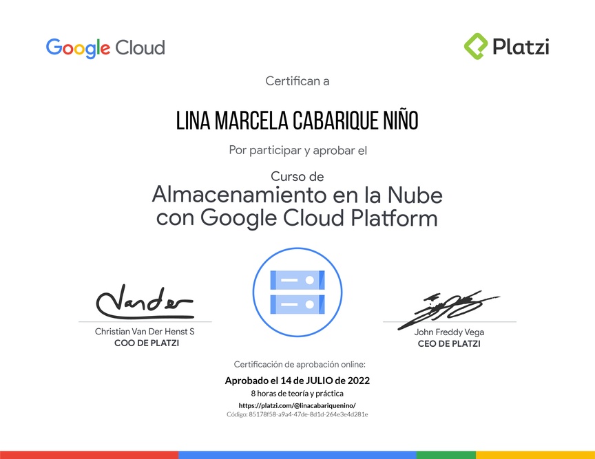Diploma del Curso de Almacenamiento en la Nube con Google Cloud Platform