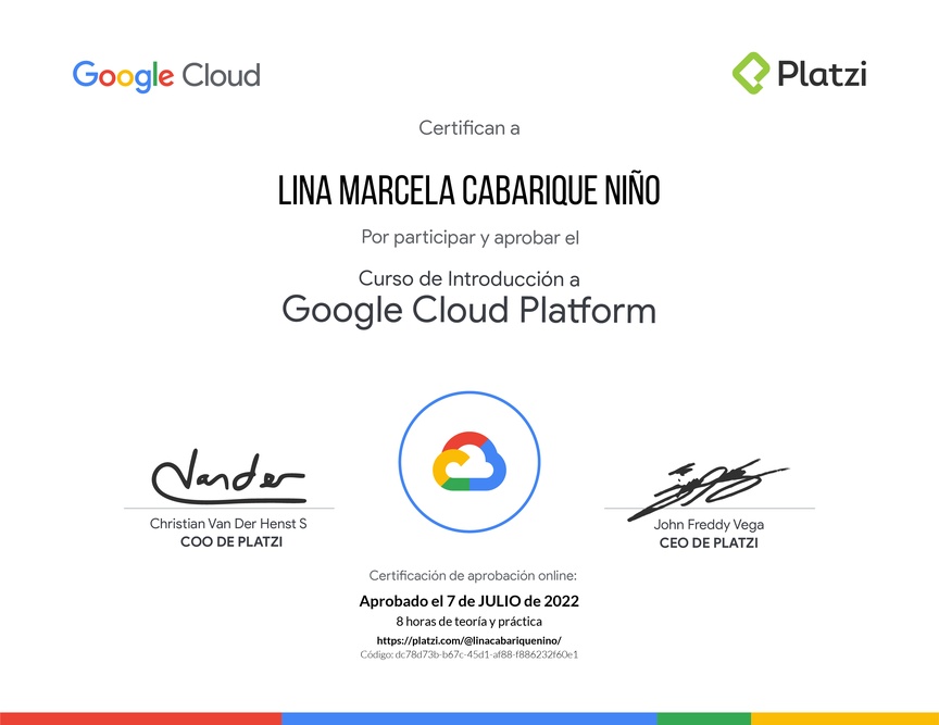 Diploma del Curso de Introducción a Google Cloud Platform