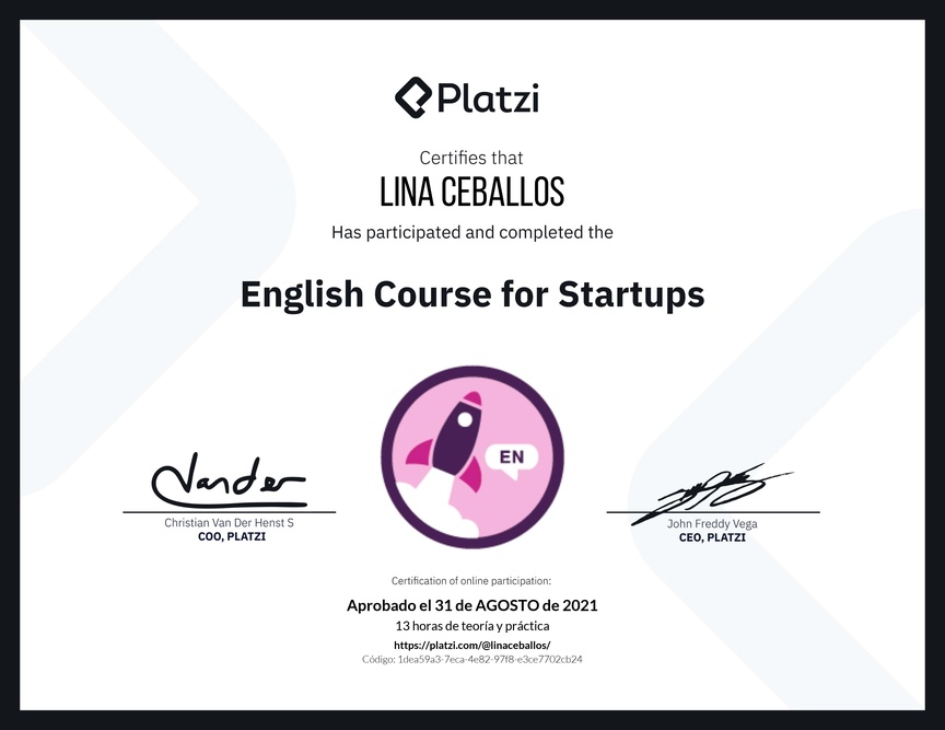Diploma del Curso para Startups en Inglés (2021)
