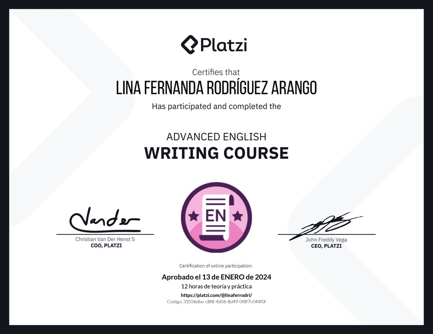 Diploma del Curso Avanzado de Escritura en Inglés