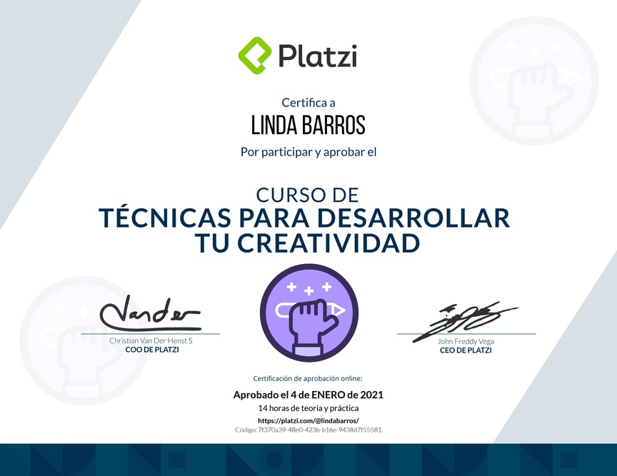 Diploma del Curso para Desarrollar tu Creatividad: Técnicas y Hábitos