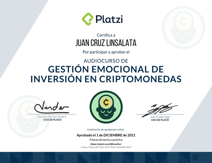 Diploma de Audiocurso de Gestión Emocional de Inversión en Criptomonedas
