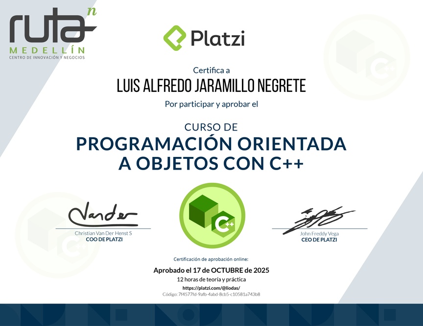 Diploma del Curso de Programación Orientada a Objetos con C++
