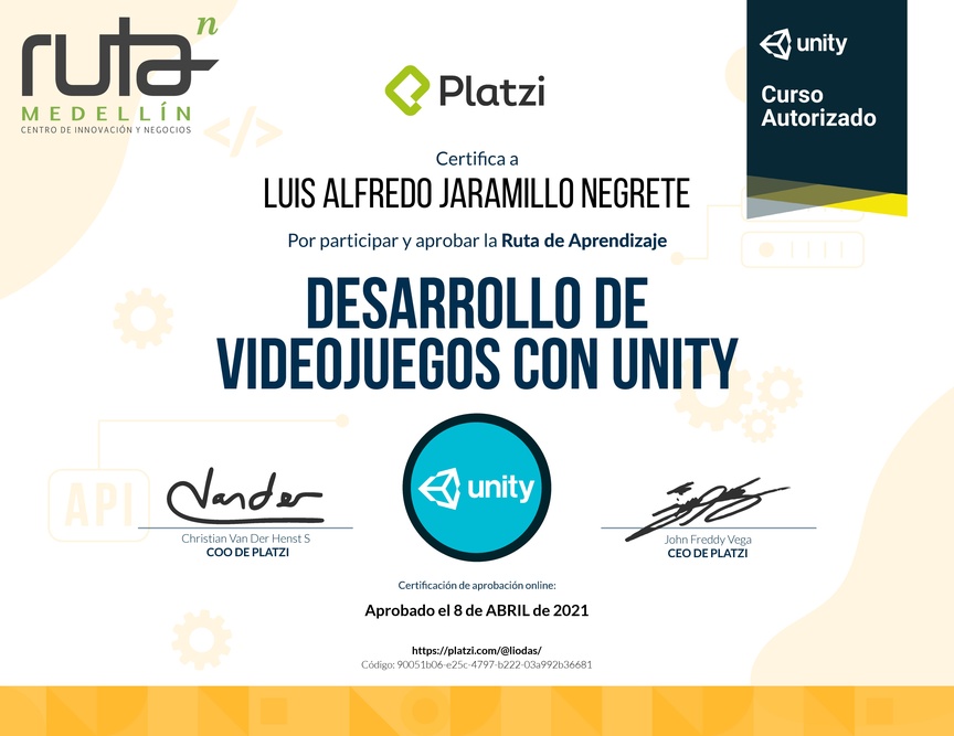 Diploma de la Ruta de Aprendizaje de Desarrollo de Videojuegos con Unity