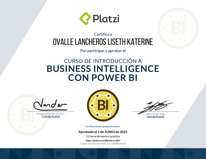 Diploma del Curso de Introducción a Business Intelligence con Power BI