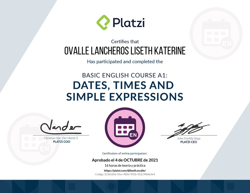 Diploma del Curso de Inglés Básico A1: Fechas, Horas y Expresiones Simples