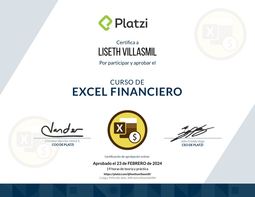 Diploma del Curso de Análisis Financiero en Excel