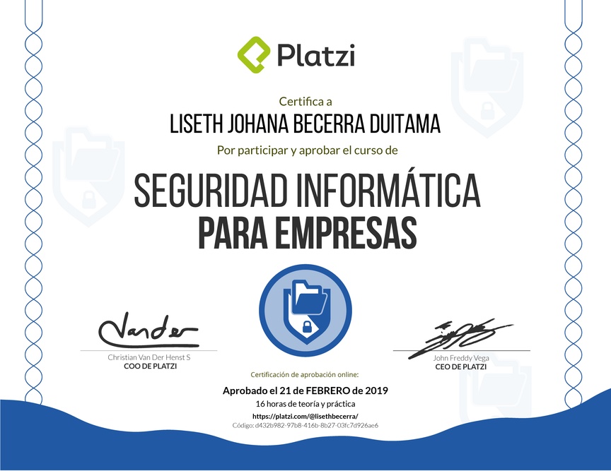 Diploma del Curso de Seguridad Informática para Empresas 2018
