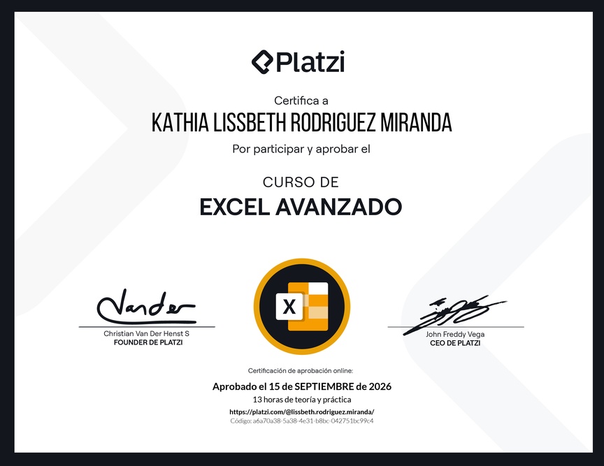 Diploma del Curso de Excel Avanzado