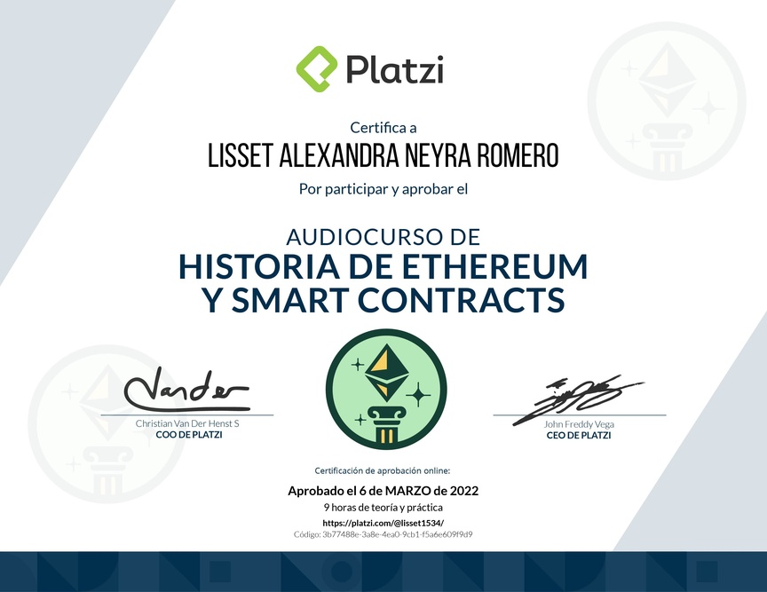 Diploma de Audiocurso de Historia de Ethereum y Smart Contracts