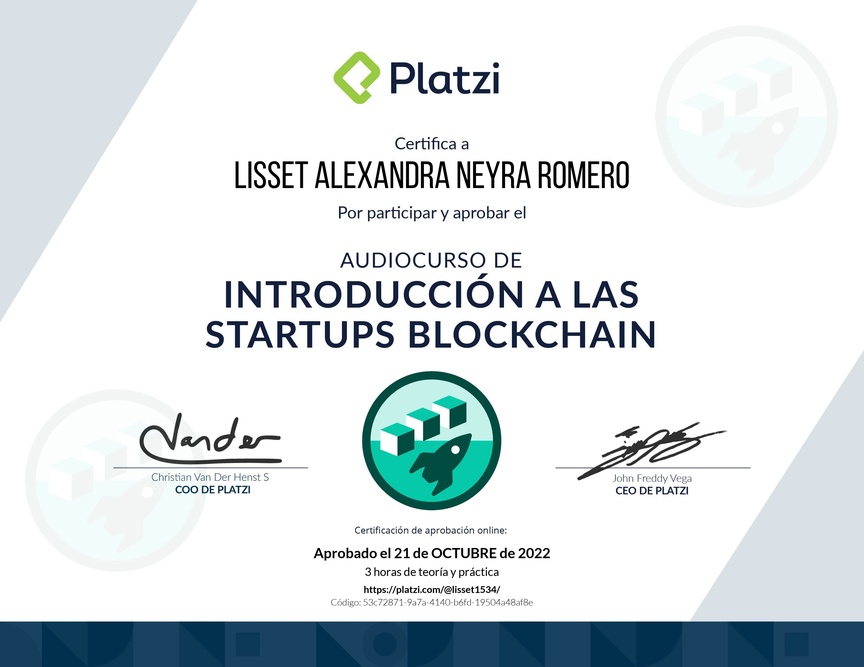 Diploma de Audiocurso de Introducción a las Startups Blockchain
