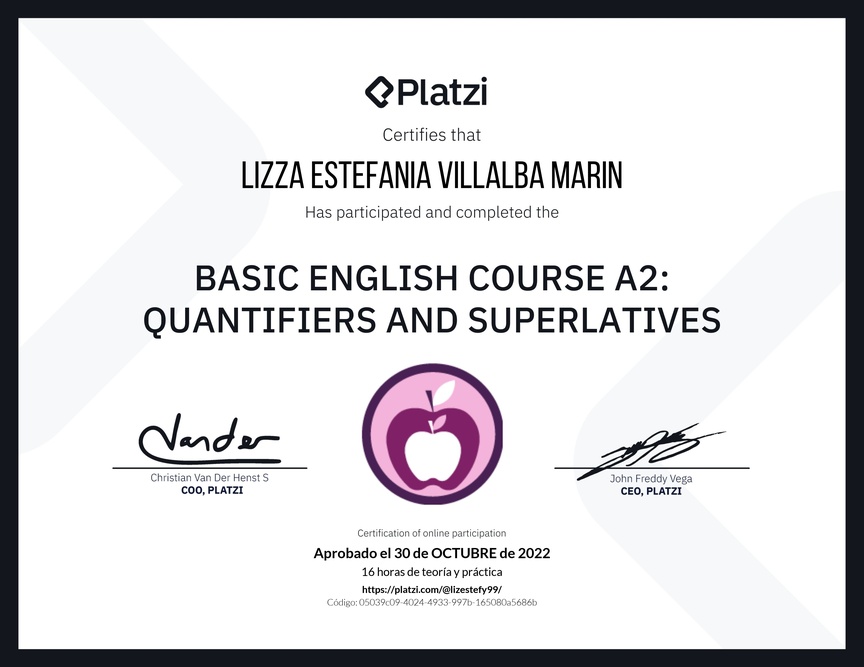 Diploma del Curso de Inglés Básico A2: Cuantificadores y Superlativos