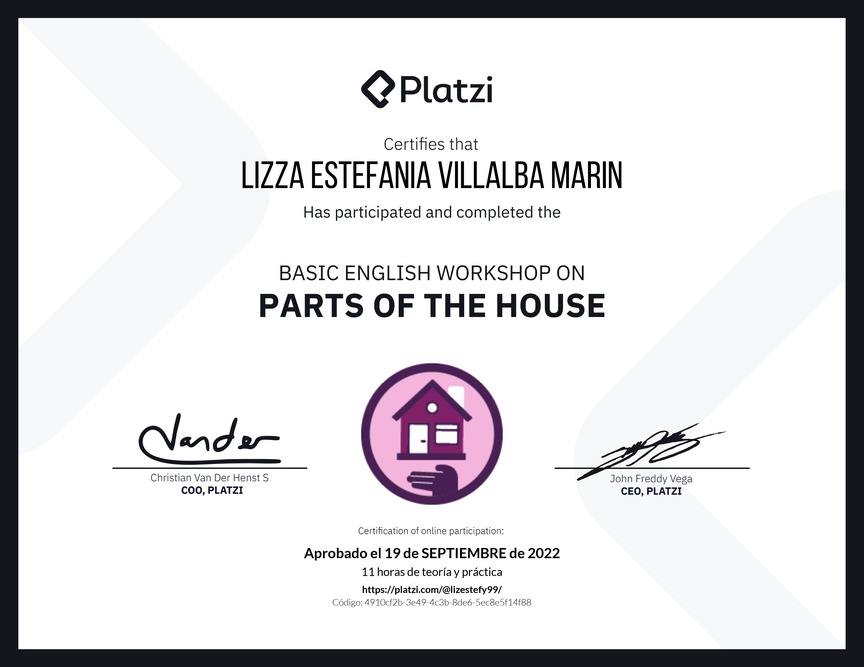 Diploma de Taller de Inglés Básico sobre las Partes de la Casa (2022)