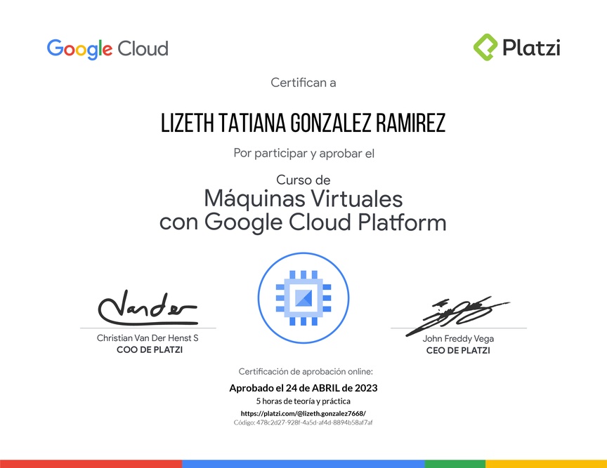 Diploma del Curso de Máquinas Virtuales con Google Cloud Platform