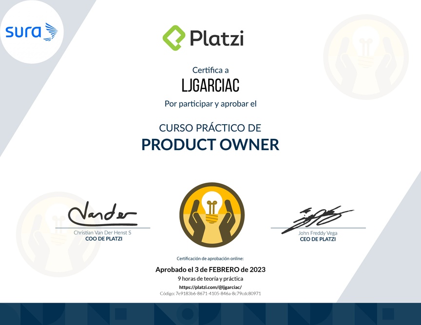 Diploma del Curso de Herramientas y Frameworks Intermedias para Product Owners