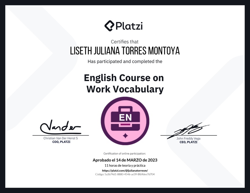Diploma del Curso de Vocabulario en Inglés para el Trabajo