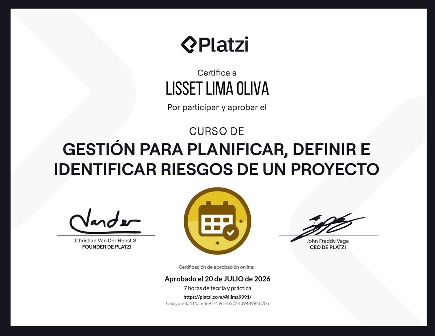 Diploma del Curso de Gestión para Planificar, Definir e Identificar Riesgos de un Proyecto