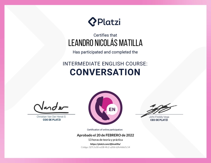 Diploma del Curso de Inglés Intermedio: Conversación 2020
