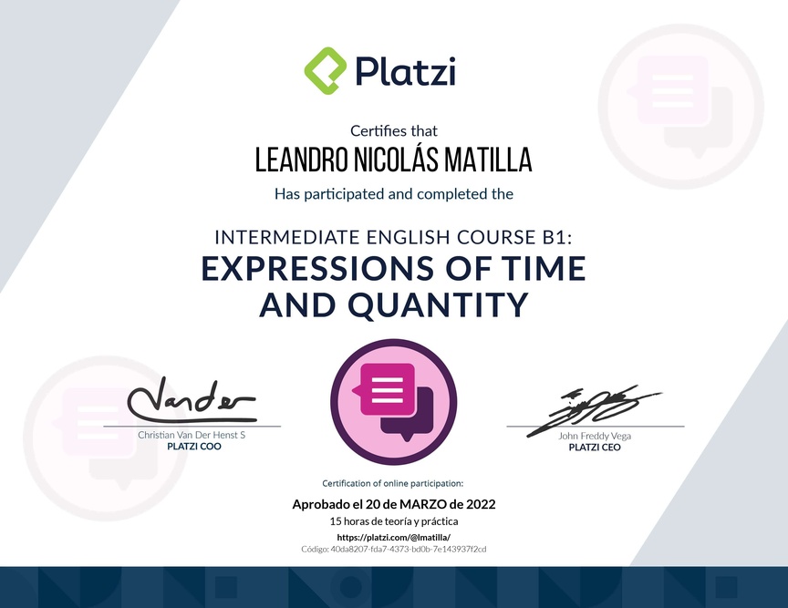 Diploma del Curso de Inglés Intermedio: Expresiones de Tiempo y Cantidad 2021