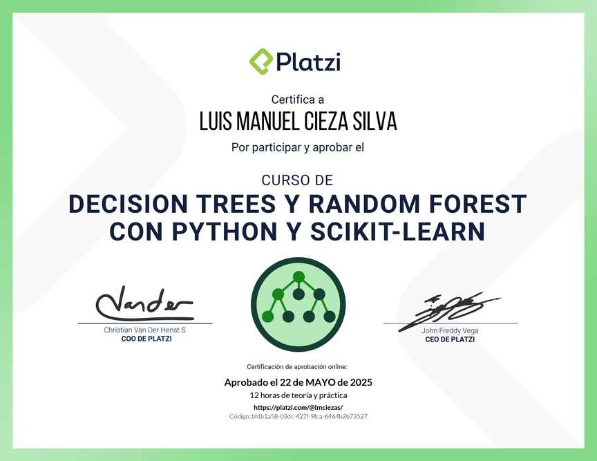 Diploma del Curso de Decision Trees y Random Forest con Python y scikit-learn