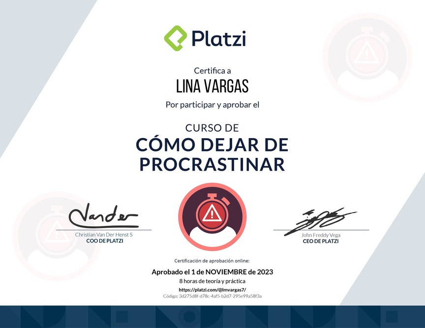 Diploma del Curso de Cómo Dejar de Procrastinar