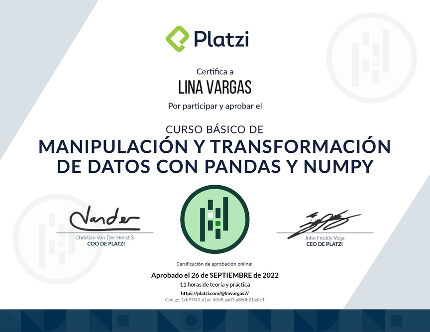 Diploma del Curso de Manipulación y Transformación de Datos con Pandas y NumPy
