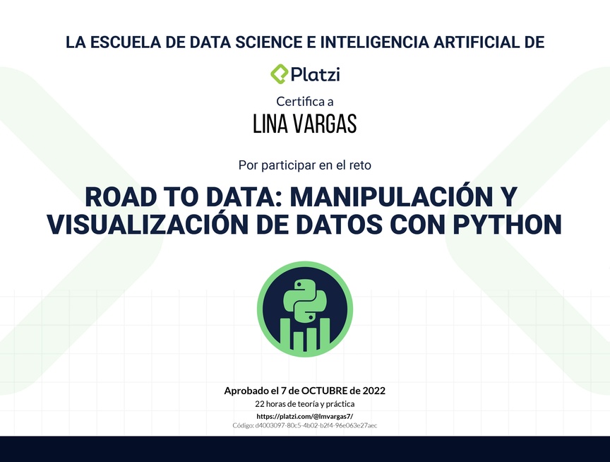 Diploma de Diploma del #PlatziReto - Road to Data: Manipulación y Visualización de Datos con Python