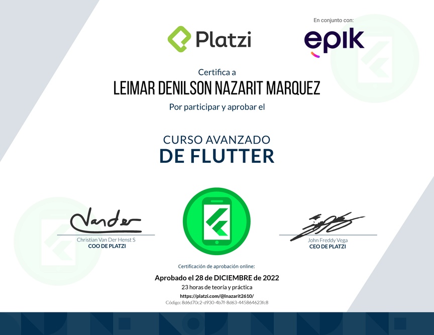 Diploma del Curso Avanzado de Flutter