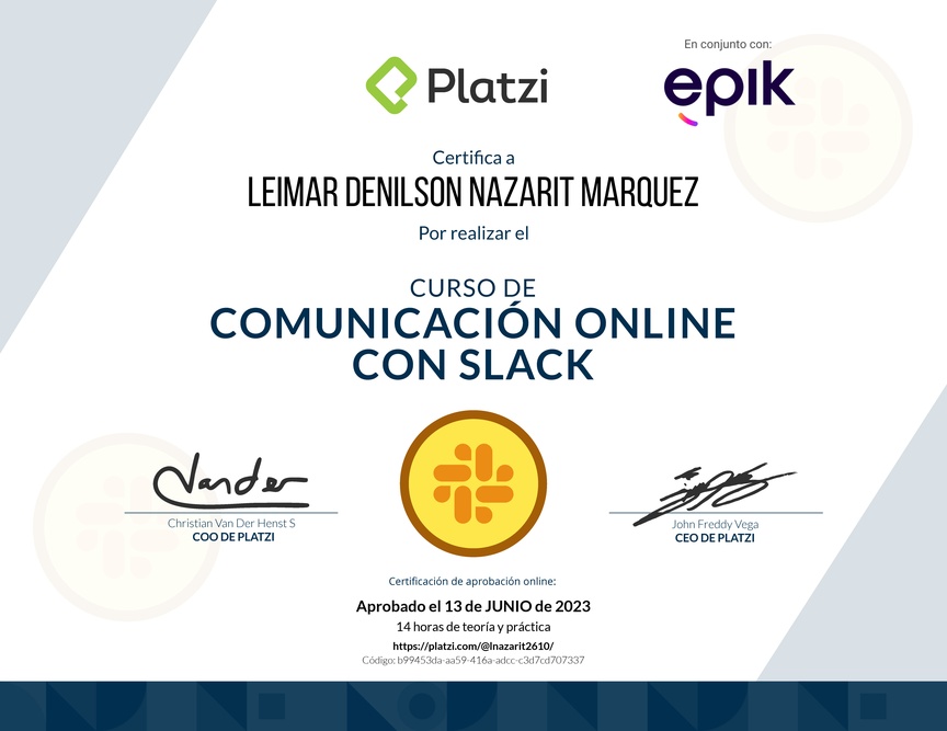 Diploma del Curso de Slack para Mejorar tu Comunicación Online