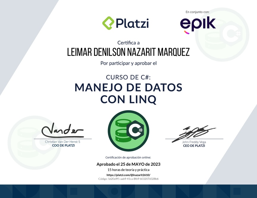 Diploma del Curso de Manejo de Datos en C# con LINQ